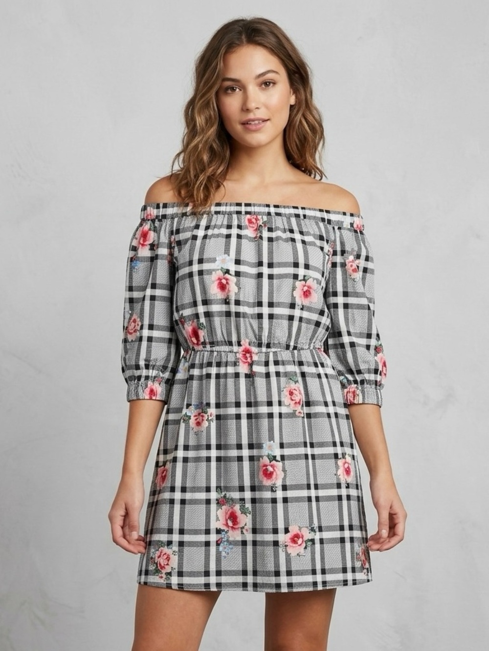 H&M Divided Plaid & Floral Off-Shoulder Mini Dress - Size L (NWOT) - Picture 2 of 8